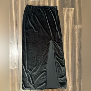 Sz S/M Black Velour Skirt Elastic Waist Front Slit Stretchy Midi Long Y2K Goth